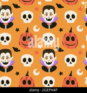 Halloween Nahtloses Muster mit niedlichem Vampir, Kürbis und Totenkopf. Gruselige Vektorgrafik. Tricksen oder behandeln Sie Urlaubshintergrund. Handgezeichnete Textur. Stock Vektor