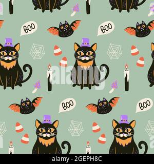 Halloween nahtlose Muster mit niedlichen schwarzen Katze, Fledermäuse und Spinnen Web. Vektorgrafik. Tricksen oder behandeln Sie Urlaubshintergrund. Handgezeichnete Textur. Stock Vektor