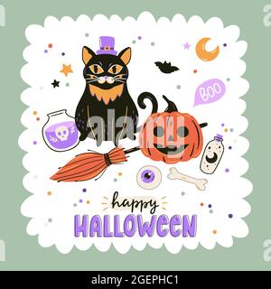 Halloween-Print mit Zeichentrickelementen und Schriftzug. Handgezeichnete Illustration für Weihnachtsdekorationen, Poster-Design. Niedliche Vektorsymbole. Stock Vektor