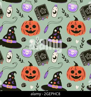 Halloween Nahtloses Muster mit Hexenhut, Kürbis und Zauberbuch. Niedliche gruselige Vektor-Illustration. Von Hand gezeichnete, endlose Textur. Stock Vektor