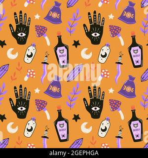 Halloween Nahtloses Muster mit esoterischen Elementen und Symbolen. Niedliche gruselige Vektor-Illustration. Tricksen oder behandeln Sie Urlaubshintergrund. Handgezeichnete Textur. Stock Vektor