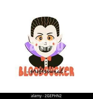 Halloween-Print mit niedlichem Vampir-Charakter. Vektor handgezeichnete Illustration und Beschriftung. Professioneller Blutsauger. Halloween-Poster, Banner. Stock Vektor
