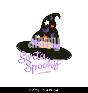 Niedlicher Halloween-Print mit Cartoon Hexenhut und Schriftzug. Vektorgrafik handgezeichnete Illustration. Halloween Poster, Banner, Party Dekorationen Design. Stock Vektor