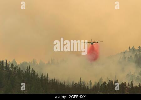 Milford, Usa. August 2021. Ein Flugzeug der nationalen Wache fällt feuerhemmend auf das Dixie-Feuer. Ein Stichprobenbrand aus dem Dixie-Feuer breitet sich auf den Highway 395 aus. CAL Fire berichtet, dass das Dixie Fire mittlerweile über 700,000 Acres gewachsen ist. Die Brandursache wird noch untersucht. Kredit: SOPA Images Limited/Alamy Live Nachrichten Stockfoto