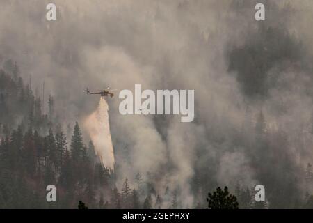 Milford, Usa. August 2021. Ein Hubschrauber wirft Wasser auf das Dixie-Feuer. Ein Stichprobenbrand aus dem Dixie-Feuer breitet sich auf den Highway 395 aus. CAL Fire berichtet, dass das Dixie Fire mittlerweile über 700,000 Acres gewachsen ist. Die Brandursache wird noch untersucht. Kredit: SOPA Images Limited/Alamy Live Nachrichten Stockfoto