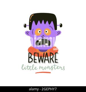 Halloween-Druck mit niedlichem Monster. Vektorgrafik und Beschriftung. Hüten Sie sich vor kleinen Monstern. Handgezeichneter Charakter für Party-Dekorationen. Stock Vektor