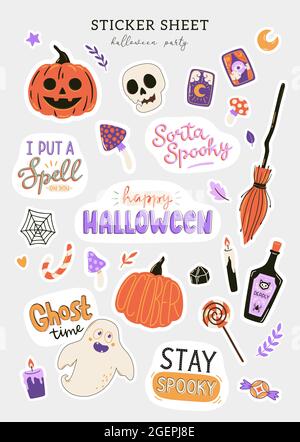 Sammlung von niedlichen Halloween-Zeichen und Symbole. Handgezeichnete Designelemente für Urlaubsdekorationen. Halloween Sticker Set. Vektorgrafik. Stock Vektor