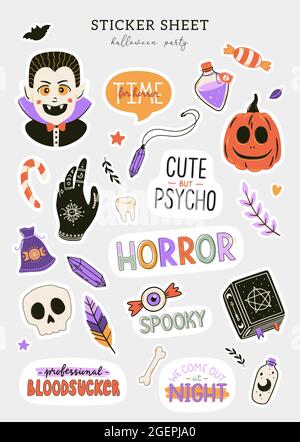 Sammlung von niedlichen Halloween-Zeichen und Symbole. Handgezeichnete Designelemente für Urlaubsdekorationen. Halloween Sticker Set. Vektorgrafik. Stock Vektor