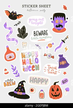 Sammlung von niedlichen Halloween-Zeichen und Symbole. Handgezeichnete Designelemente für Urlaubsdekorationen. Halloween Sticker Set. Vektorgrafik. Stock Vektor