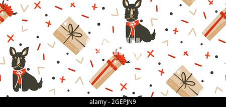 Hand gezeichnet Vektor abstrakt Spaß Merry Christmas Time Cartoon Illustrationen nahtlose Muster mit niedlichen lustigen Säugetier Hunde in Vintage Weihnachtsgeschenke Stock Vektor
