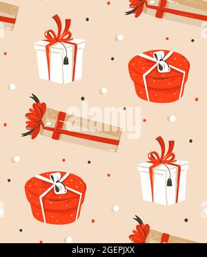 Hand gezeichnet Vektor abstrakt Spaß Merry Christmas Time Cartoon Illustrationen nahtlose Muster mit niedlichen Retro vintage Weihnachtsgeschenke Boxen isoliert auf Stock Vektor