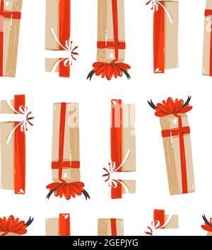 Hand gezeichnet Vektor abstrakt Spaß Merry Christmas Time Cartoon Illustrationen nahtlose Muster mit niedlichen Retro vintage Weihnachtsgeschenke auf weiß isoliert Stock Vektor