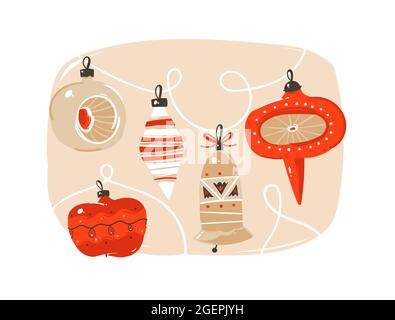 Handgezeichnete Vektor abstrakt Spaß Frohe Weihnachten Zeit Cartoon Illustrationen Kollektion mit niedlichen Retro vintage Weihnachtskugel auf weiß isoliert gesetzt Stock Vektor