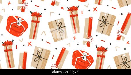 Hand gezeichnet Vektor abstrakt Spaß Merry Christmas Time Cartoon Illustrationen nahtlose Muster mit niedlichen Retro vintage Weihnachtsgeschenke auf weiß isoliert Stock Vektor