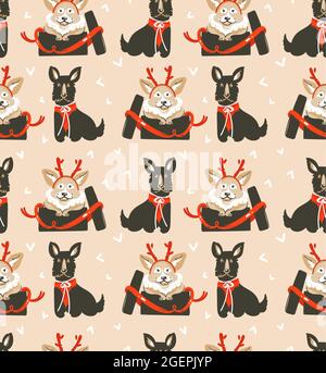 Hand gezeichnet Vektor abstrakt Spaß Merry Christmas Time Cartoon Illustrationen nahtlose Muster mit niedlichen lustigen Säugetier Hunde in Vintage Weihnachtsgeschenke Stock Vektor