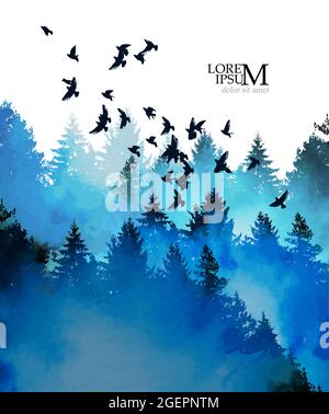 Landschaftswald. Blue Fir Wald Aquarell. Und fliegende Vögel. Vektorgrafik Stock Vektor