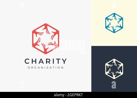 Logo-Vorlage für Solidarität oder Wohltätigkeit in Sechseck- und 6-Hand-Form Stock Vektor