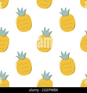Tropisches nahtloses Muster mit Ananas auf weißem Hintergrund. Handgezeichnete Vektorgrafik. Sommerliche Endless-Textur für die Verpackung, Stoffdesign. Stock Vektor