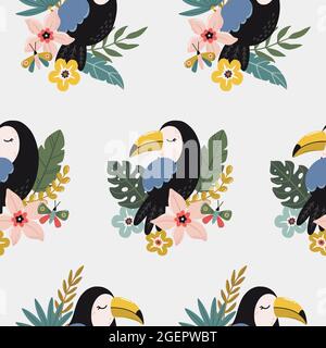 Tropisches Nahtloses Muster mit niedlichem Tukan-Vogel und exotischen Blumen. Schöner Sommerhintergrund. Handgezeichnete Vektorgrafik. Stock Vektor