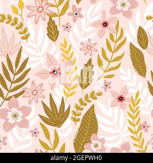 Tropisches nahtloses Muster mit exotischen Blumen, Zweigen und Blättern auf rosa Hintergrund. Handgezeichnete Vektorgrafik. Sommerliche, endlose Textur. Stock Vektor