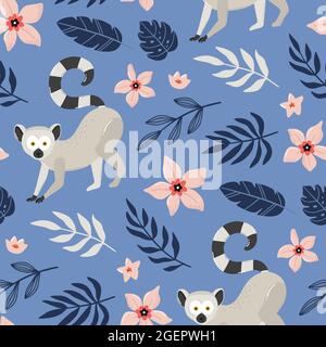 Tropisches Nahtloses Muster mit Lemur und exotischen Pflanzen auf blauem Hintergrund. Handgezeichnete Vektorgrafik. Stock Vektor