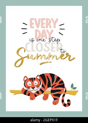 Schönes tropisches Muster mit niedlichen Elementen und schöner Typografie. Handgezeichnete Vektorgrafiken und Schriftzüge. Illustration im Cartoon-Stil. Stock Vektor