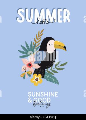 Schöner tropischer Druck mit schöner Typografie und niedlichen Elementen. Handgezeichnete Vektorgrafiken und Schriftzüge. Perfekt für sommerliche Dekorationen. Stock Vektor