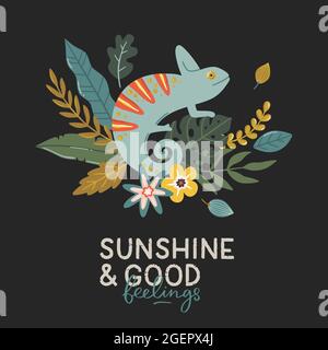 Niedlicher Typografie-Druck mit exotischen Tieren und Pflanzen. Handgezeichnete Vektorgrafiken und Schriftzüge. Perfekt für sommerliche Dekorationen. Stock Vektor