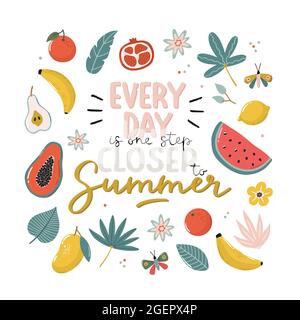 Schönes Typografie-Poster mit exotischen Früchten und Blumen. Handgezeichnete Vektorgrafiken und Schriftzüge. Perfekt für sommerliche Dekorationen. Stock Vektor