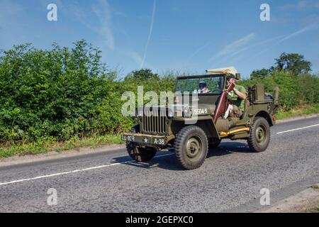 'Linda' American, Green Willys Jeep 2199cc Benzin, U.S. Army Truck, 1⁄4-Tonnen, 4×4, Command Reconnaissance Militärfahrzeug auf dem Weg zur Capesthorne Hall Classic July Car Show, Cheshire, Großbritannien Stockfoto