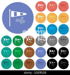 Windsack-Anzeige mit einfarbigen, mehrfarbigen flachen Symbolen auf runden Hintergründen. Im Lieferumfang enthalten sind weiße, helle und dunkle Symbolvarianten für schweben und aktiv Stock Vektor