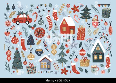 Christmas Vector Kollektion von dekorativen Winterelementen mit niedlichen Häusern, Bäumen, weihnachtsornamenten und -Kugeln, Ästen, Socken, Geschenken. Stock Vektor