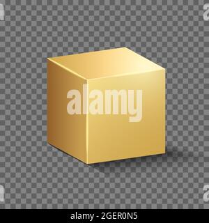 Goldbox. Goldener Metallwürfel. Realistischer, glänzender 3D-Block. Vektor geometrische moderne Illustration Stock Vektor