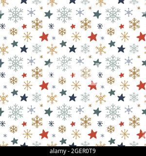 Weihnachtliches nahtloses Muster mit mehrfarbigen Sternen und Schneeflocken auf weißem Hintergrund. Handgezeichnete Vektorgrafik. Urlaub endlose Textur. Stock Vektor