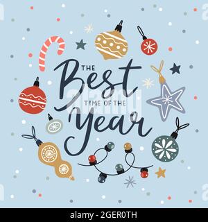 Weihnachtsdruck mit Kugeln und Dekorationen auf blauem Hintergrund. Handgezeichnete Vektorgrafik und Beschriftung. Weihnachts-Poster, Banner, Grußkarten Stock Vektor