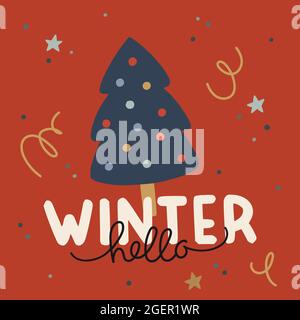 Weihnachtsdruck mit niedlichem Weihnachtsbaum auf rotem Hintergrund. Handgezeichnete Vektorgrafik und Beschriftung. Weihnachts-Poster, Banner, Grußkarte Stock Vektor