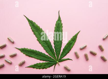 CBD-Pillen. Gruppe von klaren CBD-Cannabidiol-Kapseln und Hanfblatt auf rosa Hintergrund Stockfoto