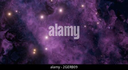 Abstrakter Hintergrund aus violettem und dunklem Nebel mit hellen Sternen. Dunkle Materie, Kosmos. 3d-Rendering Stockfoto