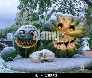 Erster Schnee, geschnitzte dekorative Kürbisse im Garten, erster Schnee auf Kürbisdekoren, halloween, Kürbisdekor, Herbstzeit Stockfoto