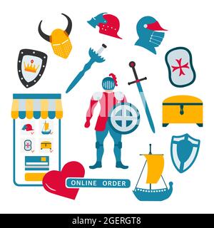 Vektor-Illustration Online bestellen Kinderspielzeug Ritter, Schwert, Schild, Helm, Schatzkiste, Versand. Glückliche Kindheit Hintergrund. Aktivität. Gaming-Artikel Prim Stock Vektor