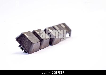 Wort schreiben Text Lernen. Geschäftskonzept. Verschmutzte, gebrauchte Brettentasten auf weißem Hintergrund. Stockfoto