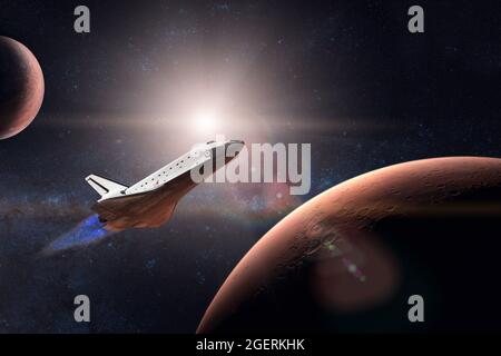 Space Shuttle nimmt an einer Mission auf dem Hintergrund des Mars-Planeten Teil. Elemente dieses Bildes, die von der NASA eingerichtet wurden. Stockfoto