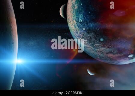 Alien-Planeten im Weltraum. Elemente dieses Bildes, die von der NASA eingerichtet wurden. Stockfoto