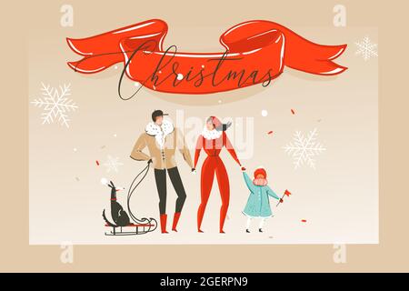 Hand gezeichnet Vektor abstrakt Spaß Frohe Weihnachten Zeit Cartoon Illustration Grußkarte mit glücklichen Familie und roten Band mit Weihnachten Typografie Stock Vektor