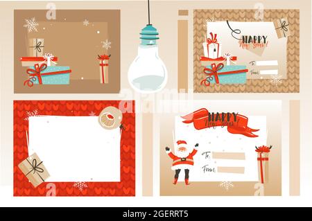 Hand gezeichnet Vektor abstrakt Spaß Frohe Weihnachten Zeit Cartoon Illustrationen Grußkarten und Hintergründe Sammlung Set mit Geschenkboxen, Weihnachtsbaum Stock Vektor