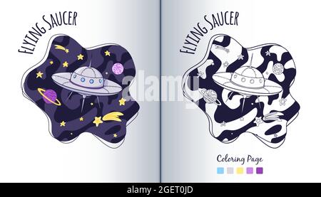 Coloring Page für Raumfahrzeuge und Sterne. Raumschiff im Universum. Cartoon-Stil. UFO-Illustration. Premium Vector Stock Vektor