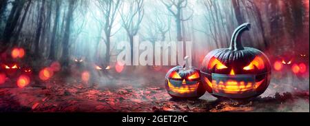 Halloween mit Schutzmaske - Kürbisse im Wald Stockfoto
