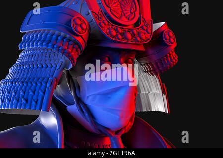 Porträt von Samurai trägt medizinische Schutzmaske Gesicht. 3D-Illustration Stockfoto