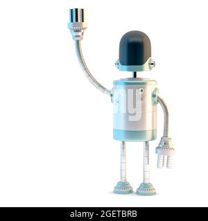 Niedliche Cartoon-Roboter-Figur winken Hallo. 3D-Illustration. Isoliert Stockfoto