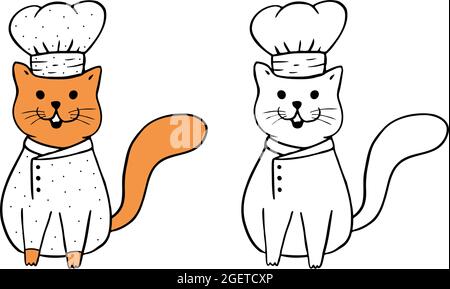 Niedlicher orangefarbener Katzenkoch, lustige Katze in der Chefuniform und Hut auf weißem Hintergrund isoliert. Stock Vektor